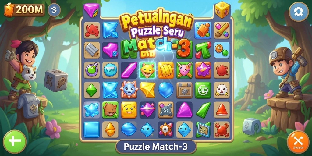 Tampilan antarmuka Puzzle Match-3 D200M yang cerah dan interaktif.